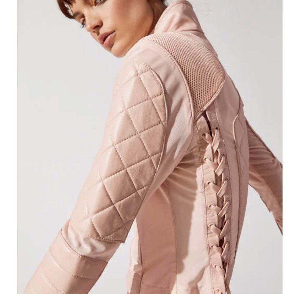 Blanc Noir Leather Quilted Mesh Moto in Stone Pink